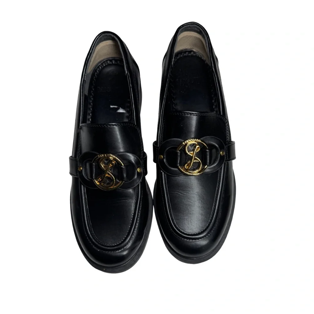 Sam & Libby Black Loafers Gold Accent 8 faux leather preppy work casual slip on